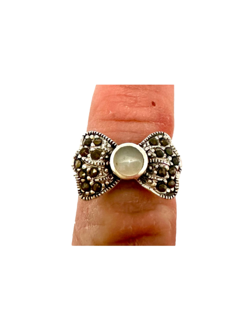 Women's Sterling Silver Bow Ring with Moonstone and Marcasite S7.5
